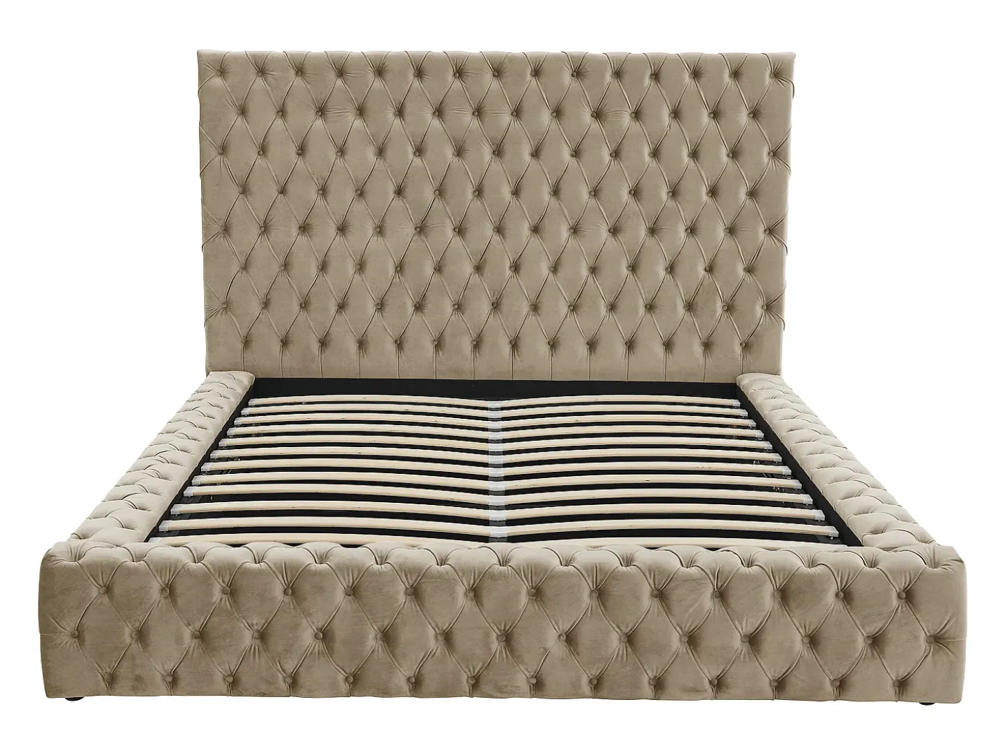 Cama de casal tamanho Queen Chesterfield com arrumação em veludo taupe + colchão - DULENI