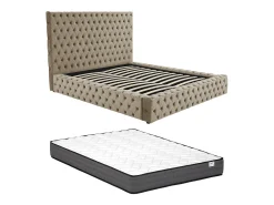 Cama de casal tamanho Queen Chesterfield com arrumação em veludo taupe + colchão - DULENI