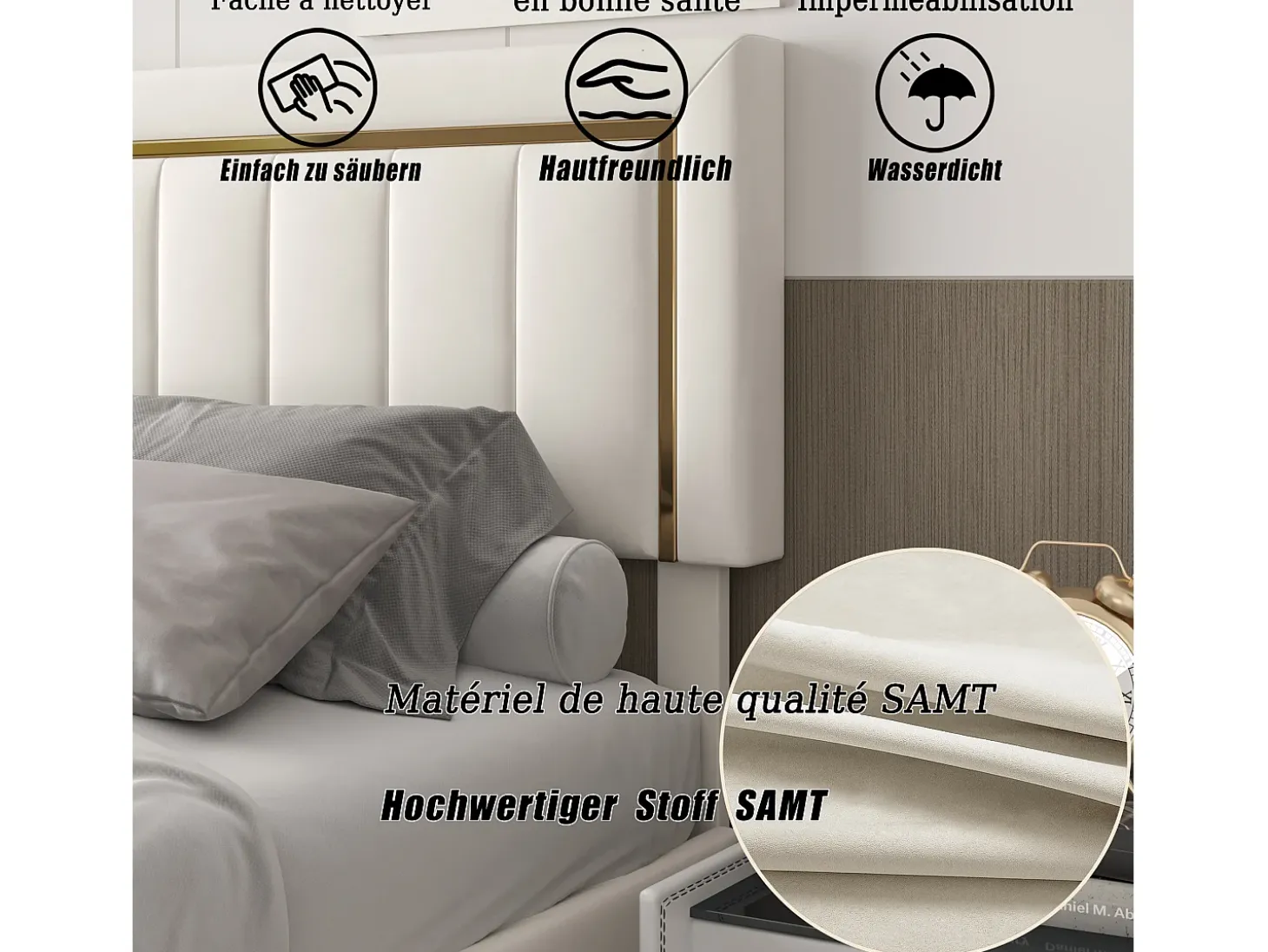 Cama de casal, 140x200 cm - Com compartimento de arrumação - Função de elevação pneumática - Branca, em veludo