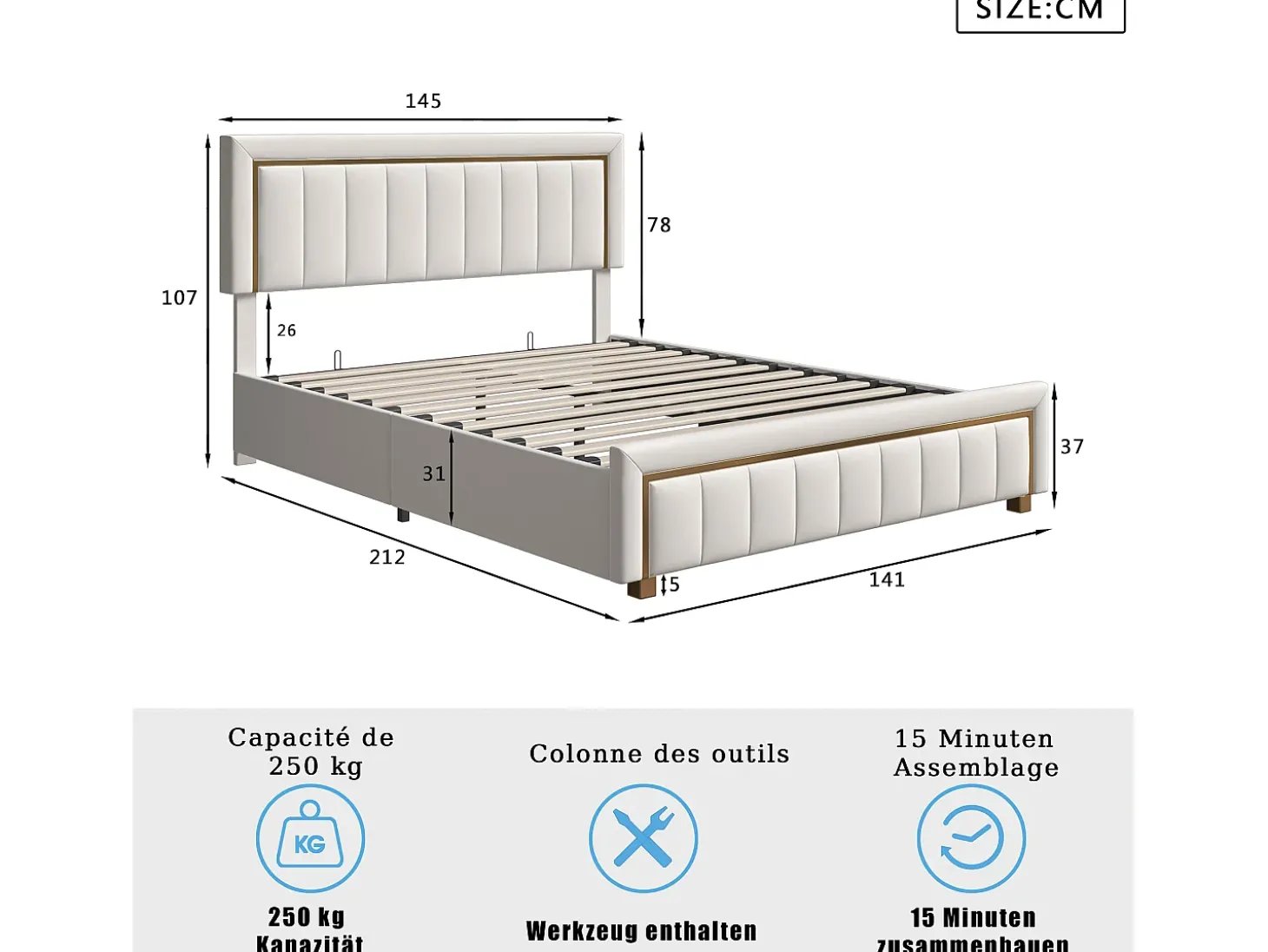 Cama de casal, 140x200 cm - Com compartimento de arrumação - Função de elevação pneumática - Branca, em veludo