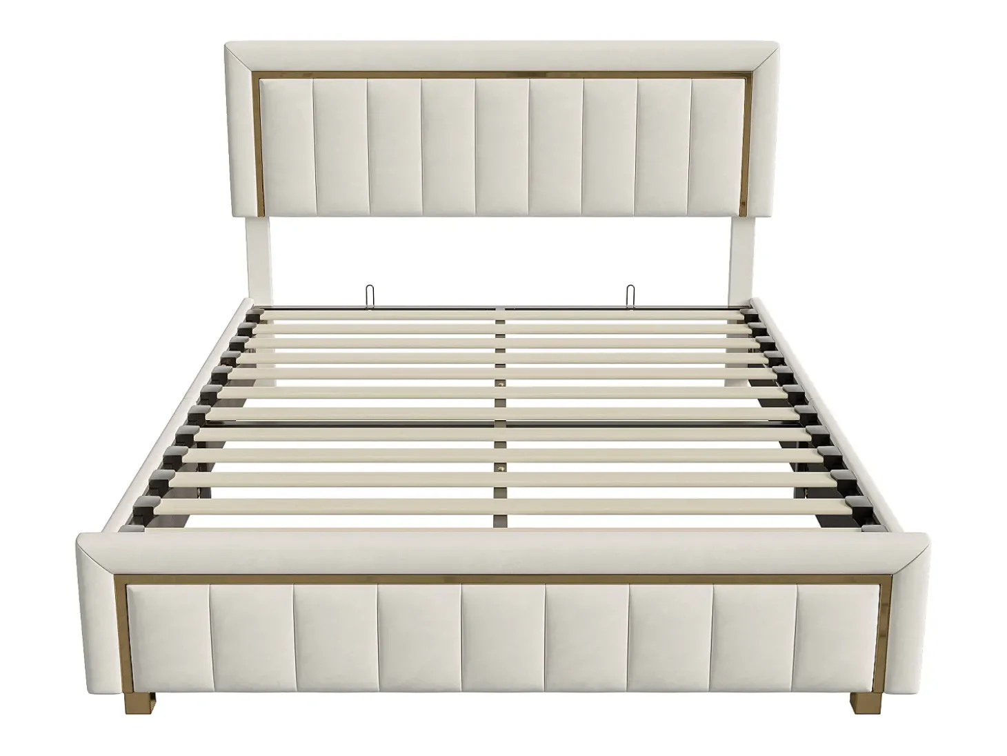 Cama de casal, 140x200 cm - Com compartimento de arrumação - Função de elevação pneumática - Branca, em veludo