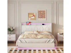 Cama de casal 160x200 com arrumação, LED e USB, estrado de ripas, veludo, branca.