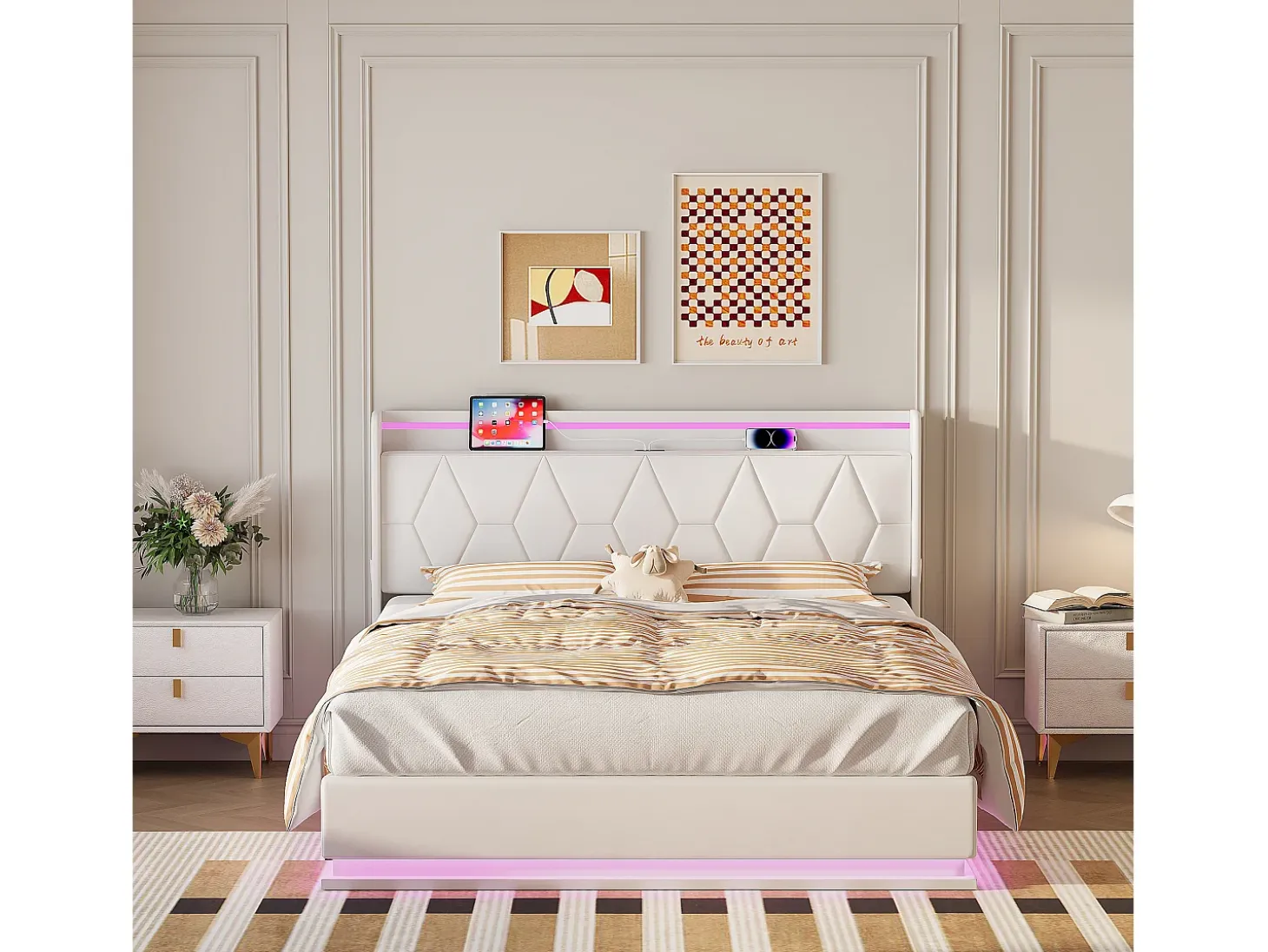 Cama de casal 160x200 com arrumação, LED e USB, estrado de ripas, veludo, branca.