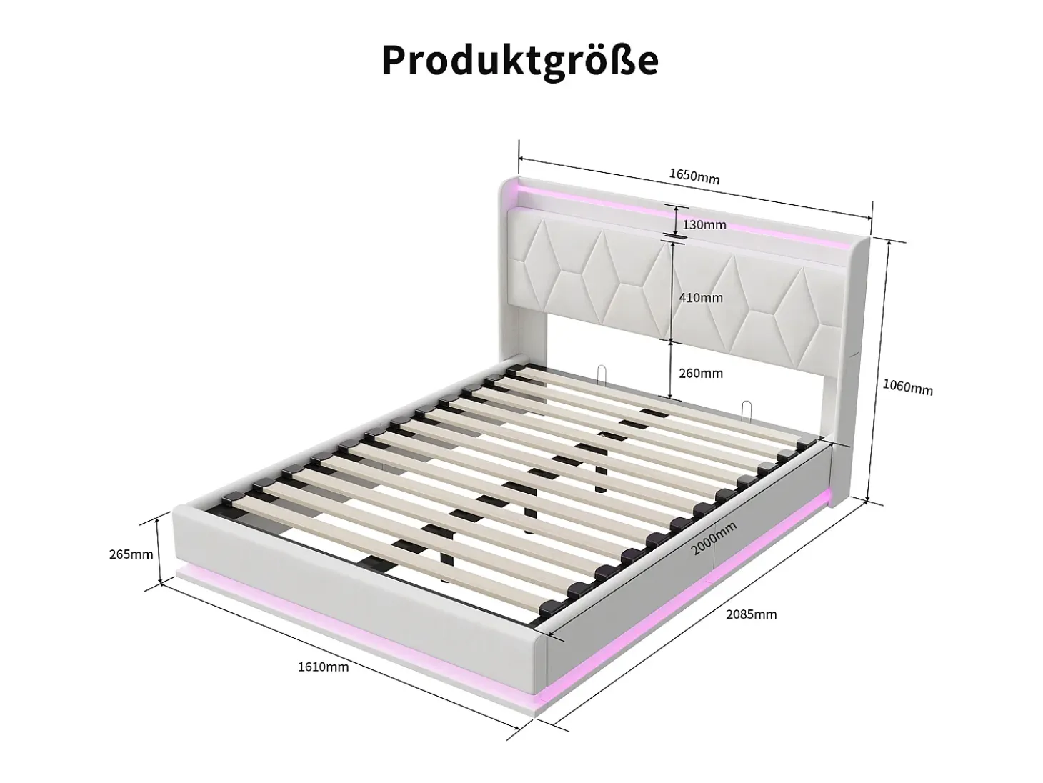 Cama de casal 160x200 com arrumação, LED e USB, estrado de ripas, veludo, branca.