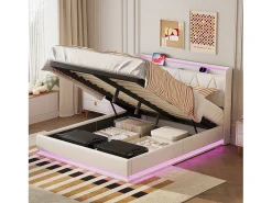 Cama de casal 160x200 com arrumação, LED e USB, estrado de ripas, veludo, branca.
