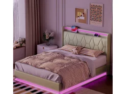 Cama de casal 160x200 com arrumação, LED e USB, estrado de ripas, veludo, branca.