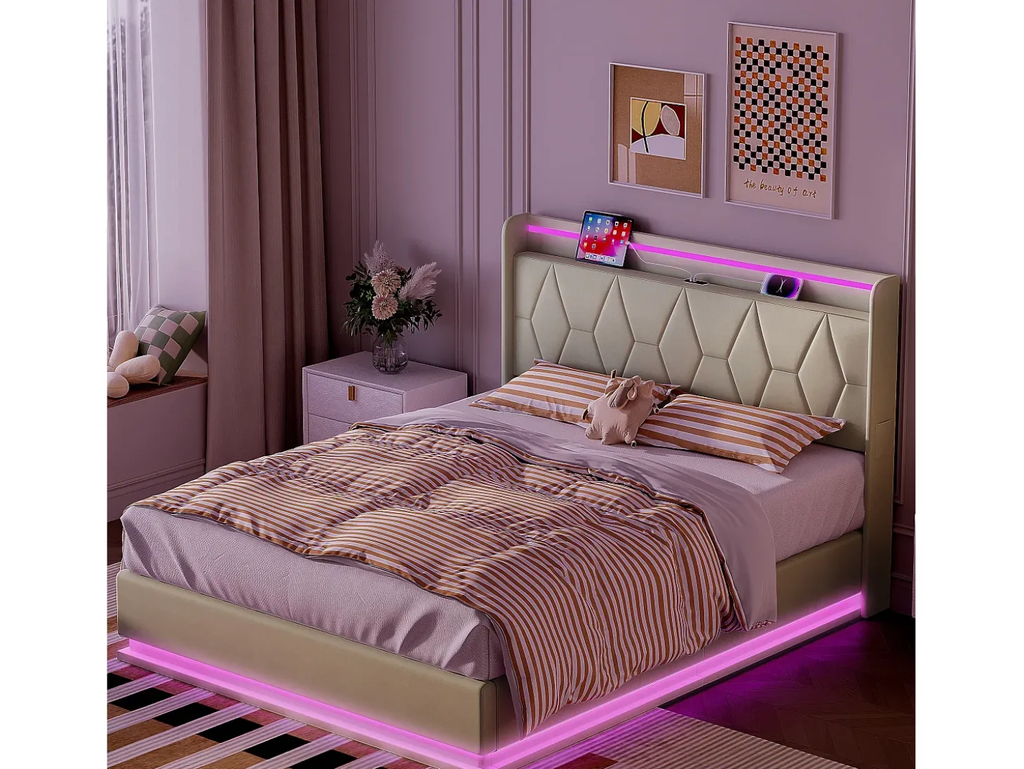 Cama de casal 160x200 com arrumação, LED e USB, estrado de ripas, veludo, branca.