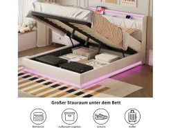 Cama de casal 160x200 com arrumação, LED e USB, estrado de ripas, veludo, branca.