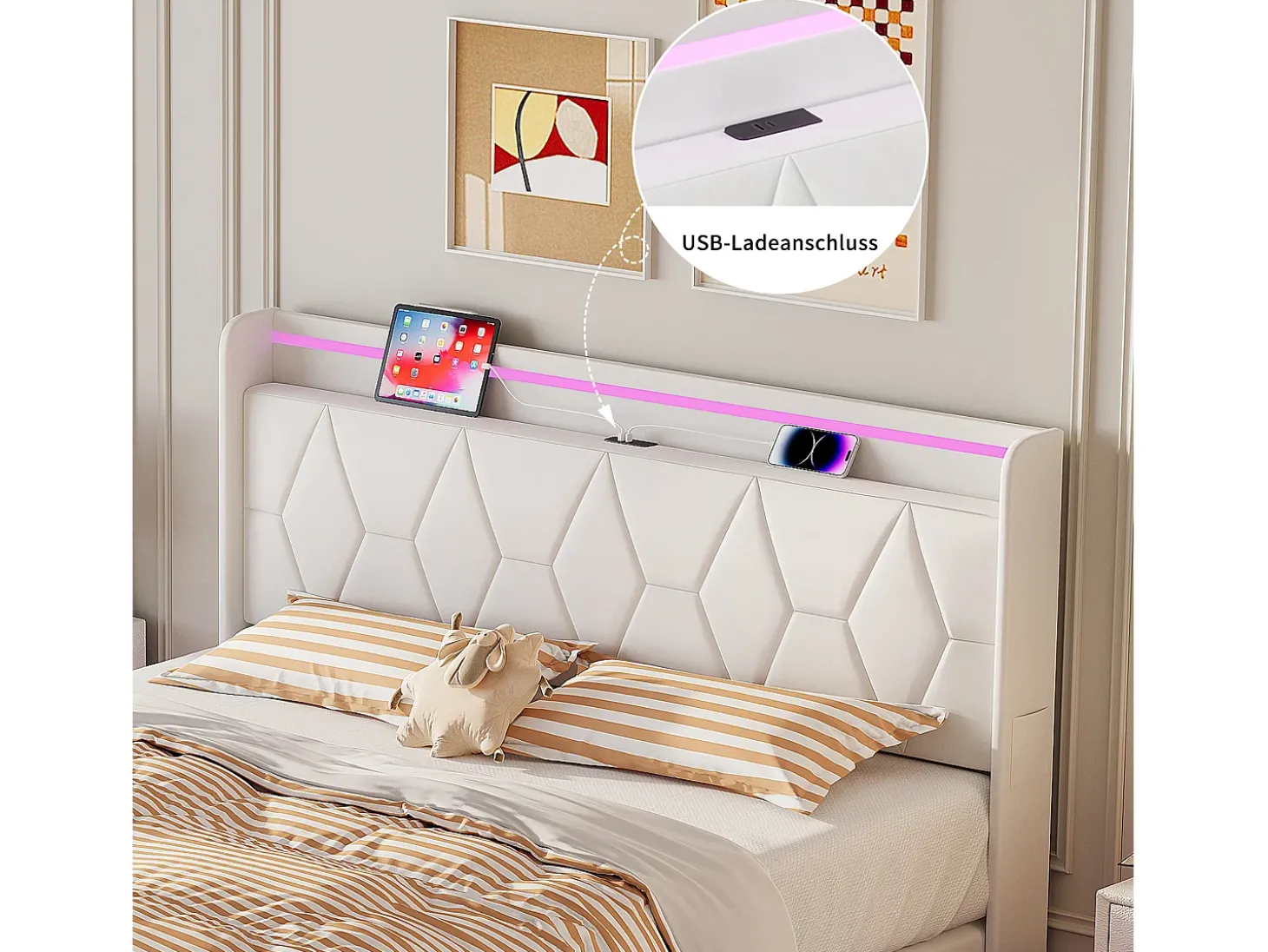 Cama de casal 160x200 com arrumação, LED e USB, estrado de ripas, veludo, branca.