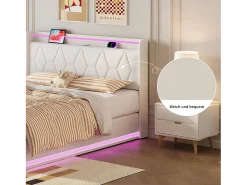 Cama de casal 160x200 com arrumação, LED e USB, estrado de ripas, veludo, branca.