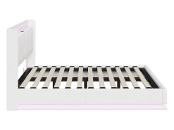 Cama de casal 160x200 com arrumação, LED e USB, estrado de ripas, veludo, branca.