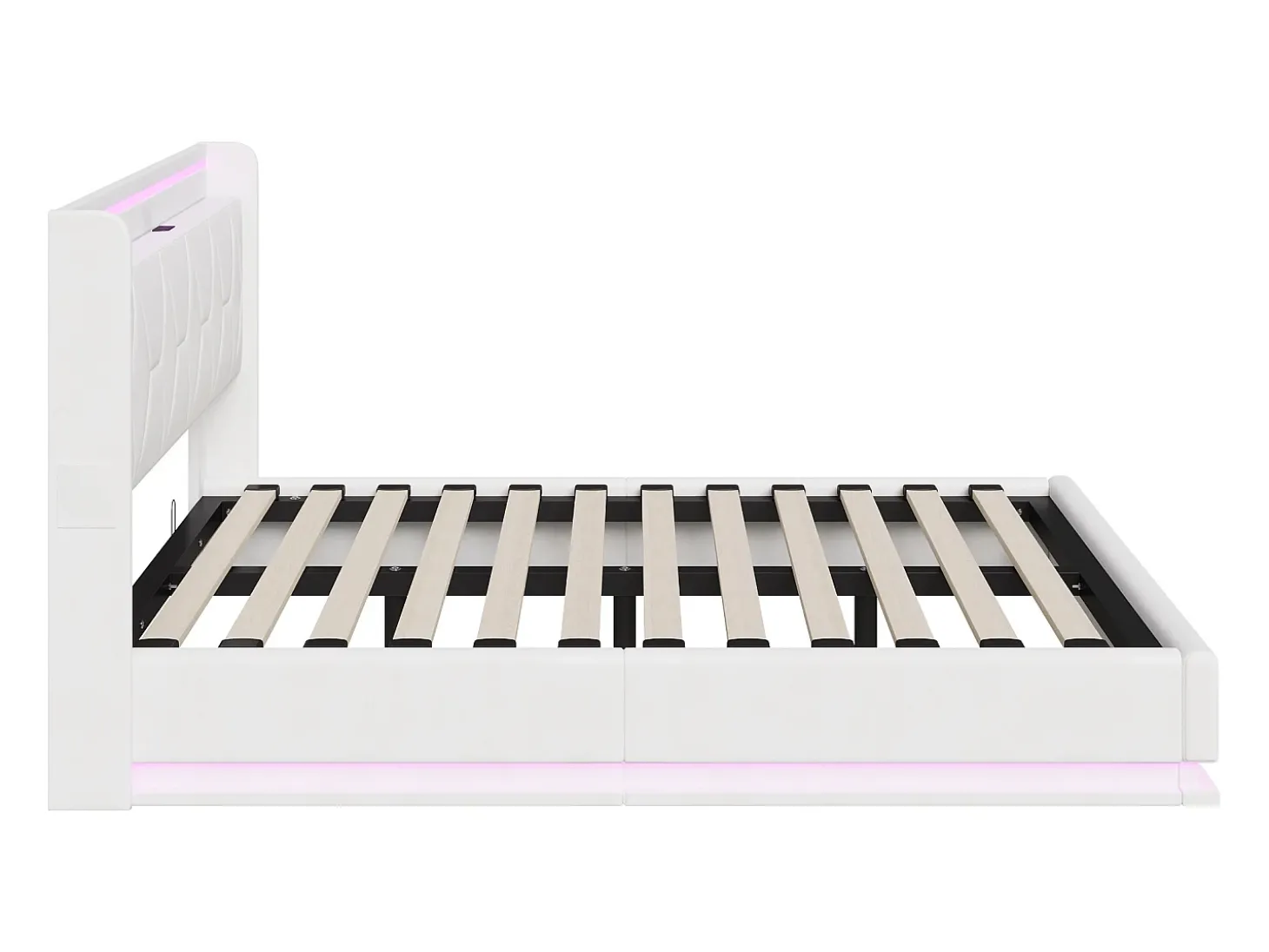 Cama de casal 160x200 com arrumação, LED e USB, estrado de ripas, veludo, branca.