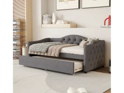 Cama de casal 90x200cm + cama de gavetão 90x190cm - almofadada em tecido de linho - Cinza (colchão não incluído)
