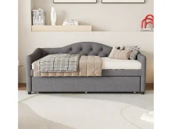 Cama de casal 90x200cm + cama de gavetão 90x190cm - almofadada em tecido de linho - Cinza (colchão não incluído)