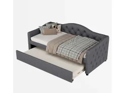 Cama de casal 90x200cm + cama de gavetão 90x190cm - almofadada em tecido de linho - Cinza (colchão não incluído)