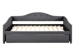 Cama de casal 90x200cm + cama de gavetão 90x190cm - almofadada em tecido de linho - Cinza (colchão não incluído)