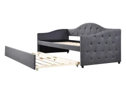 Cama de casal 90x200cm + cama de gavetão 90x190cm - almofadada em tecido de linho - Cinza (colchão não incluído)