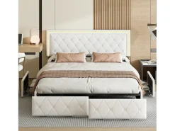 Cama de casal 140x200cm com LED e 4 gavetas - tecido couro sintético - com estrado de ripas - Bege