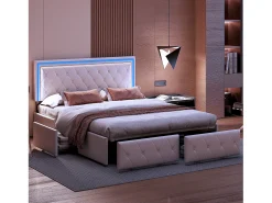 Cama de casal 140x200cm com LED e 4 gavetas - tecido couro sintético - com estrado de ripas - Bege