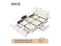 Cama de casal 140x200cm com LED e 4 gavetas - tecido couro sintético - com estrado de ripas - Bege