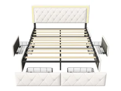 Cama de casal 140x200cm com LED e 4 gavetas - tecido couro sintético - com estrado de ripas - Bege