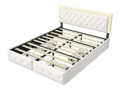 Cama de casal 140x200cm com LED e 4 gavetas - tecido couro sintético - com estrado de ripas - Bege