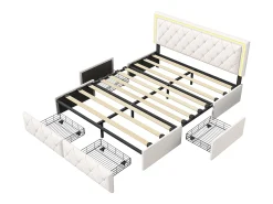 Cama de casal 140x200cm com LED e 4 gavetas - tecido couro sintético - com estrado de ripas - Bege
