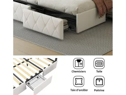 Cama de casal 140x200cm com LED e 4 gavetas - tecido couro sintético - com estrado de ripas - Bege