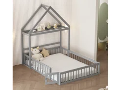Cama de criança cabine 140x200cm em madeira maciça - com varão - Cinza