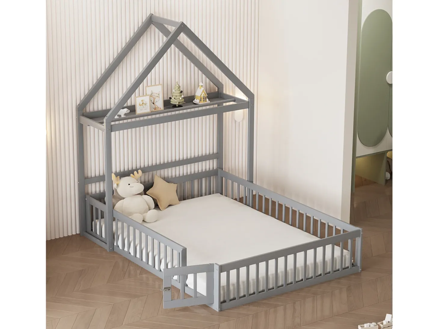 Cama de criança cabine 140x200cm em madeira maciça - com varão - Cinza