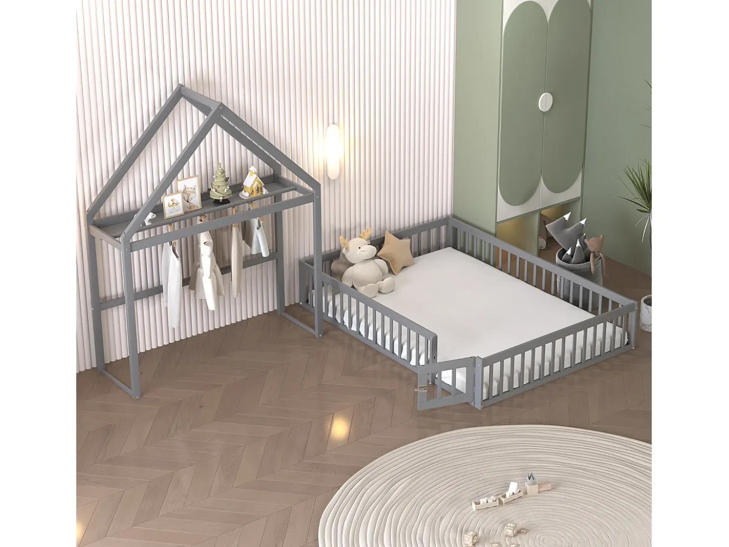 Cama de criança cabine 140x200cm em madeira maciça - com varão - Cinza