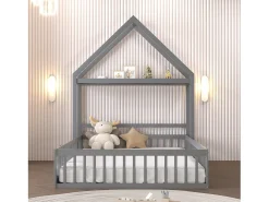 Cama de criança cabine 140x200cm em madeira maciça - com varão - Cinza