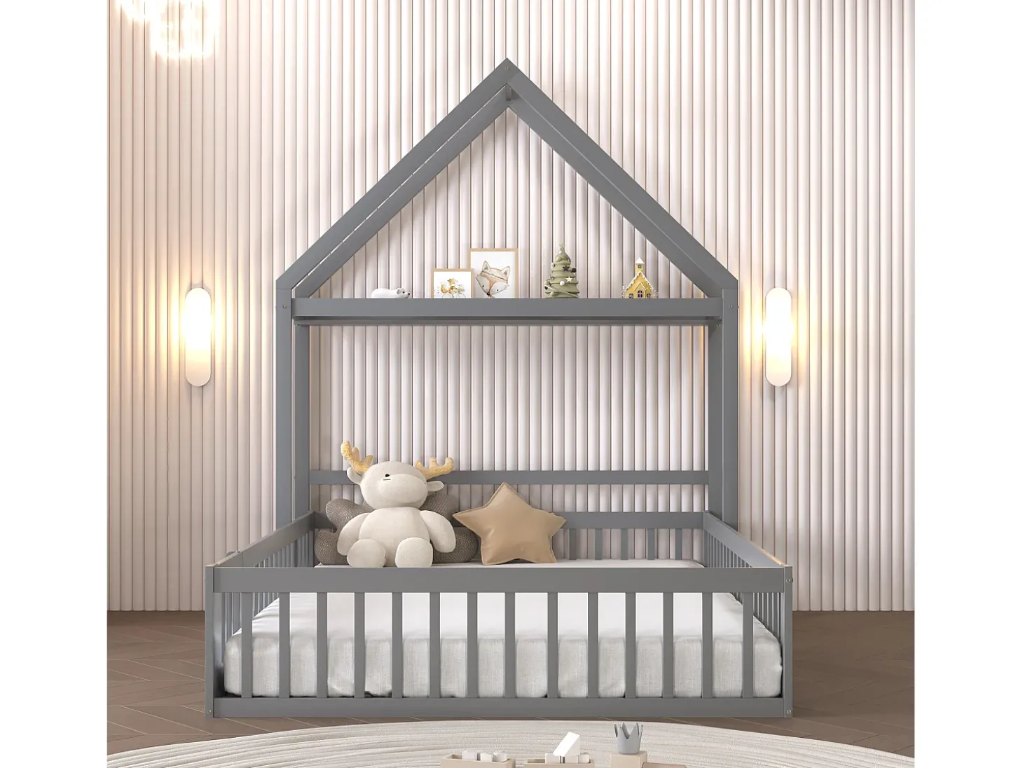 Cama de criança cabine 140x200cm em madeira maciça - com varão - Cinza