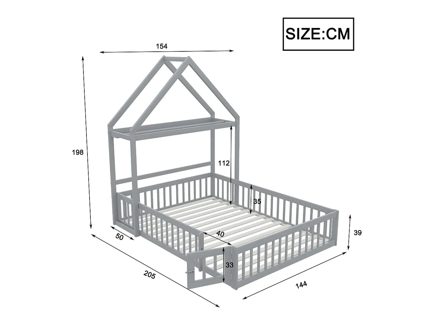Cama de criança cabine 140x200cm em madeira maciça - com varão - Cinza