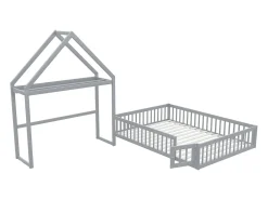 Cama de criança cabine 140x200cm em madeira maciça - com varão - Cinza