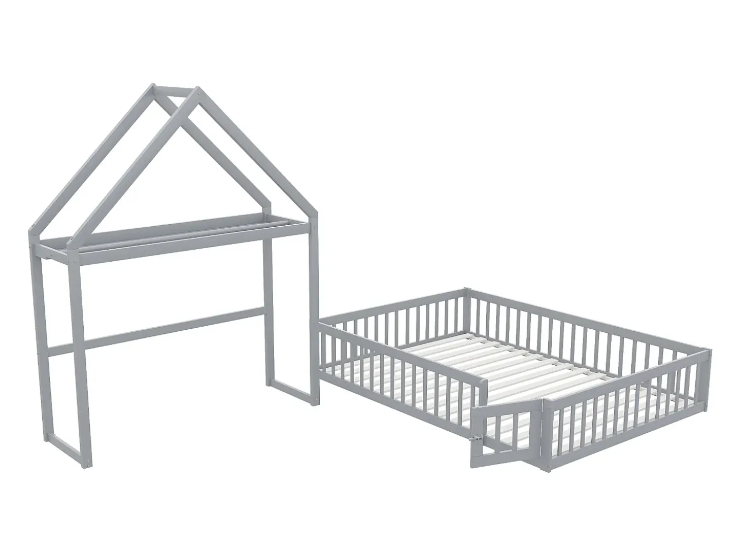 Cama de criança cabine 140x200cm em madeira maciça - com varão - Cinza