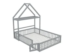 Cama de criança cabine 140x200cm em madeira maciça - com varão - Cinza
