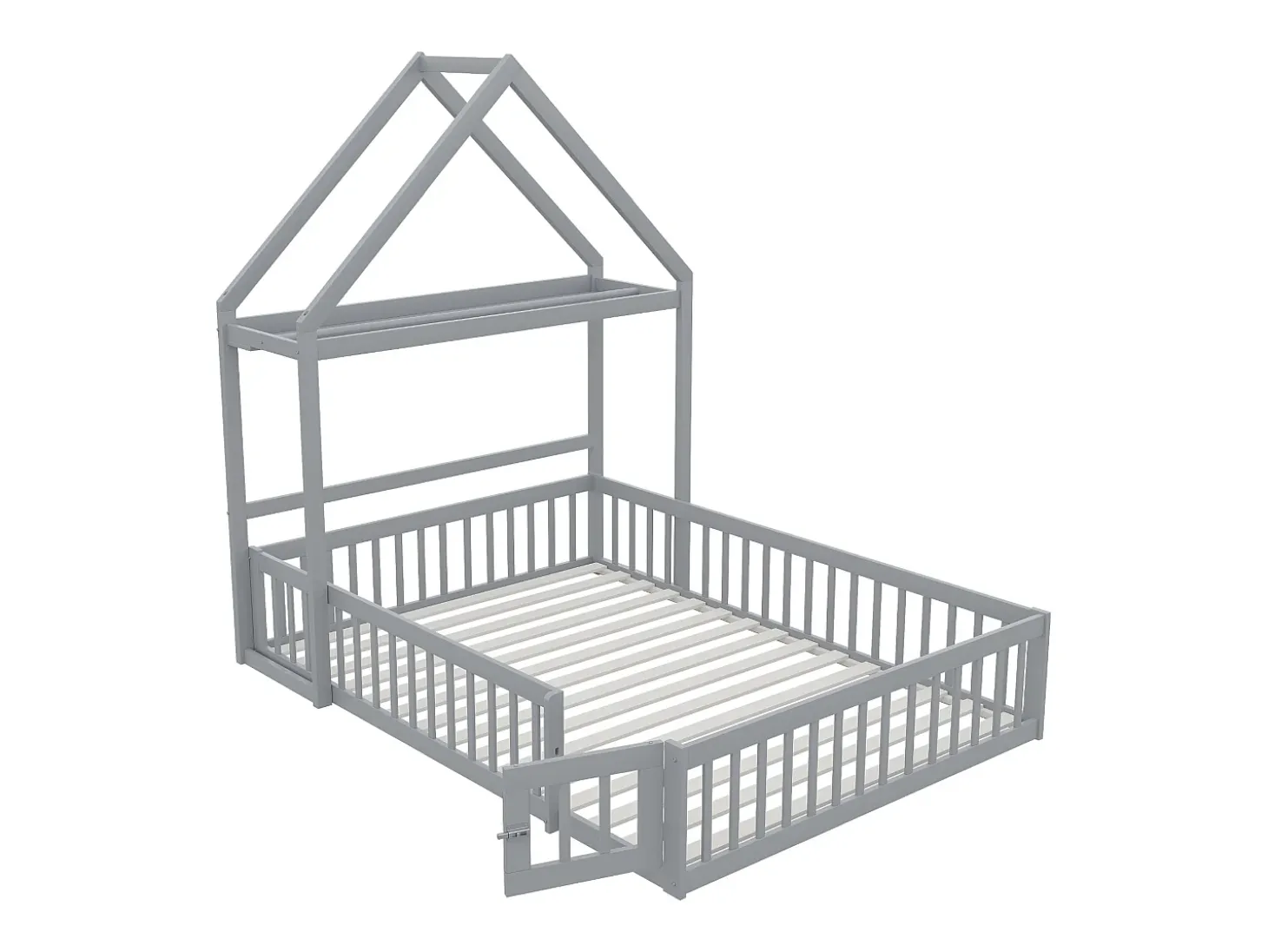 Cama de criança cabine 140x200cm em madeira maciça - com varão - Cinza
