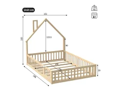 Cama de criança em forma de cabana, 140 x 190 cm, em madeira de pinho e MDF - Cor natural clara.
