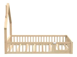 Cama de criança em forma de cabana, 140 x 190 cm, em madeira de pinho e MDF - Cor natural clara.