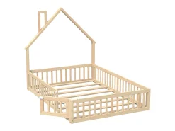 Cama de criança em forma de cabana, 140 x 190 cm, em madeira de pinho e MDF - Cor natural clara.