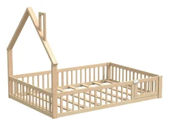 Cama de criança em forma de cabana, 140 x 190 cm, em madeira de pinho e MDF - Cor natural clara.