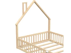 Cama de criança em forma de cabana, 140 x 190 cm, em madeira de pinho e MDF - Cor natural clara.