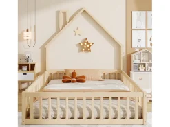 Cama de criança em forma de cabana, 140 x 200 cm, em madeira de pinho e MDF - Cor natural clara
