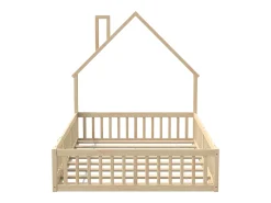 Cama de criança em forma de cabana, 140 x 200 cm, em madeira de pinho e MDF - Cor natural clara
