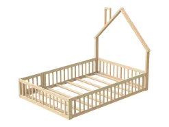 Cama de criança em forma de cabana, 140 x 200 cm, em madeira de pinho e MDF - Cor natural clara
