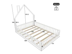 Cama de criança em forma de cabana, 140 x 190 cm, em madeira de pinho e MDF - Branca