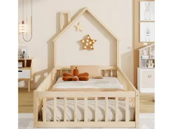 Cama de criança em forma de cabana, 90 x 200 cm, em madeira de pinho e MDF - Cor natural clara