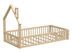 Cama de criança em forma de cabana, 90 x 200 cm, em madeira de pinho e MDF - Cor natural clara