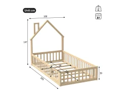 Cama de criança em forma de cabana, 90 x 200 cm, em madeira de pinho e MDF - Cor natural clara